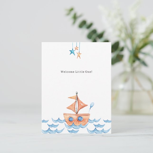 Cute Boat And Ocean Welcome New Baby Card Vykort (Stående Fram)