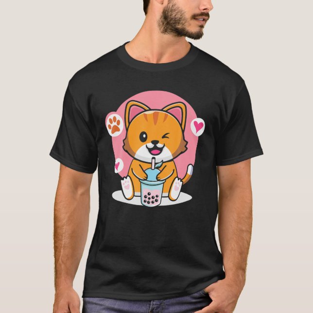 Cute Boba Cat Bubble Tea Anime Kawaii Neko T Shirt (Framsida)