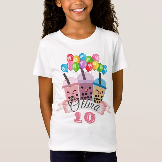 Cute Boba Tea Birthday Celebration T-Shirt (Framsida)