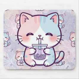 Cute Boba Tea Kitten Mousepad - Aesthetic Pastel  Musmatta