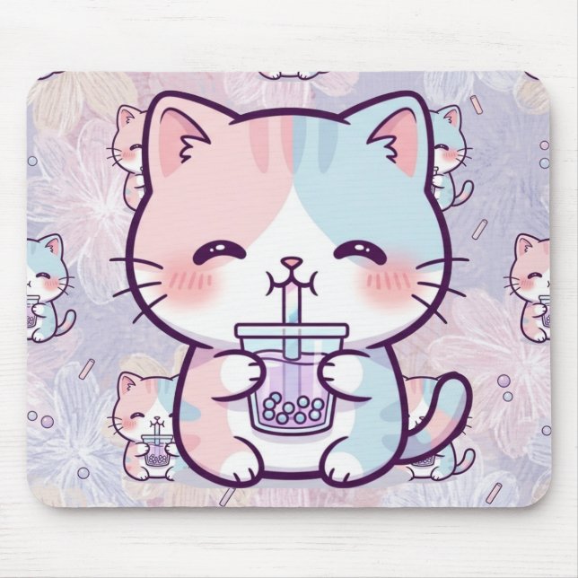 Cute Boba Tea Kitten Mousepad - Aesthetic Pastel  Musmatta (Framsidan)