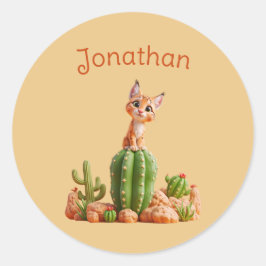 Cute Bobcat på cactus Runt Klistermärke