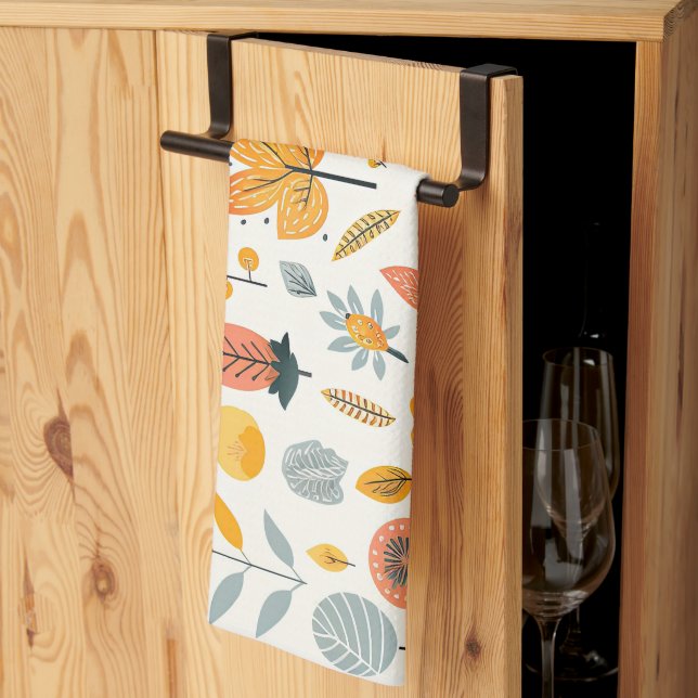 Cute Boho Autumn Fall Mönster Orange Teal Gult Kökshandduk (Thirds Fold)