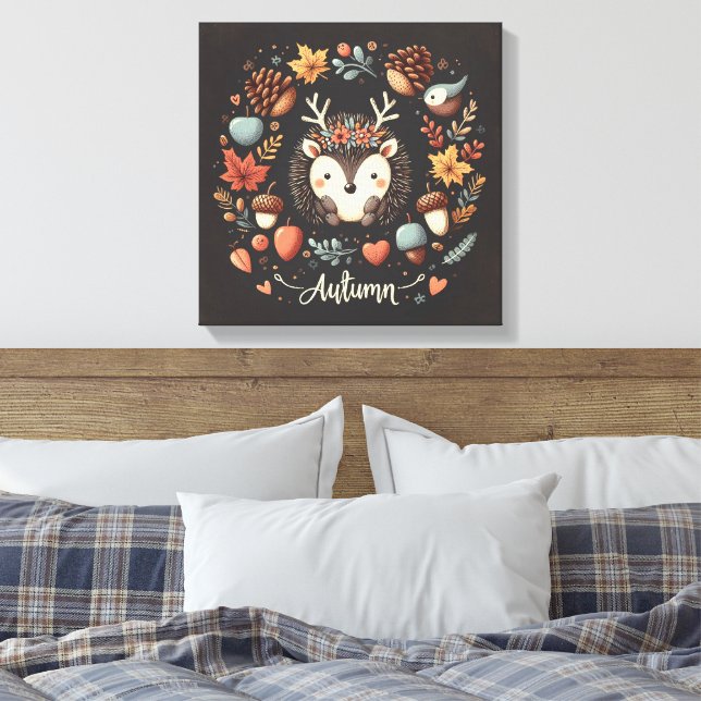 Cute Boho Autumn Hedgehog wandewall Decal Canvastryck (Insitu (sovrum))
