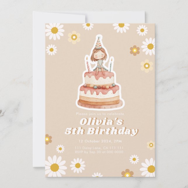 Cute Boho Beige Daisy Girl Birthday-inbjudan Tack Kort (Framsida)