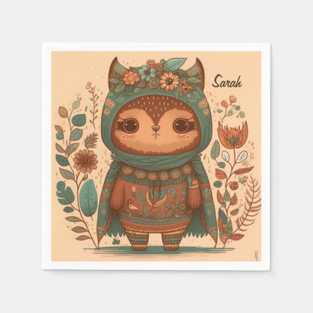 Cute boho blommigt uggla anpassningsbar pappersservett (Framsidan)
