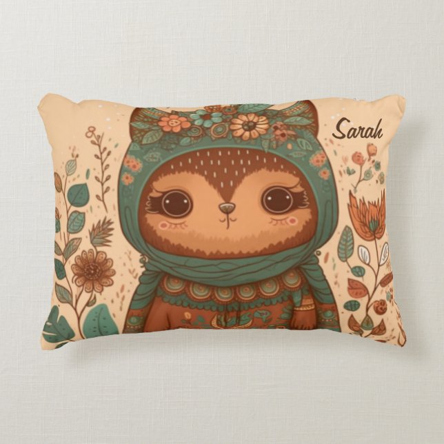 Cute boho blommigt uggla prydnadskudde (Framsidan)