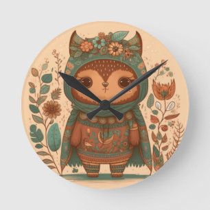 Cute boho blommigt uggla rund klocka