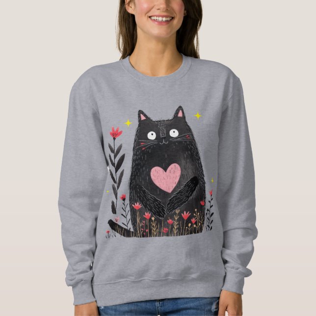 Cute Boho Blommigt Watercolor Black Cat Flickaktig T Shirt (Framsida)