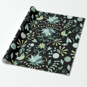 Cute boho-blommor Blå grönt svart mönster Presentpapper
