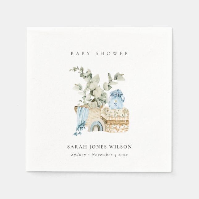 Cute Boho Blue Nursery Foliage Boy Shower Pappersservett (Framsidan)