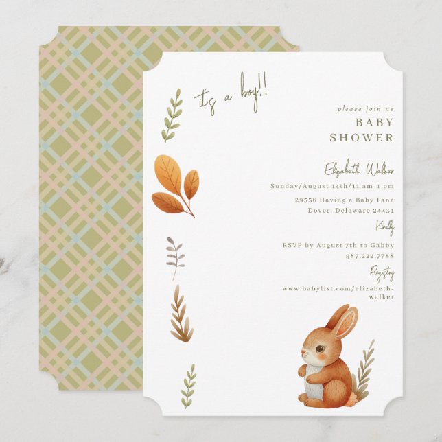 Cute Boho Bunny Det är en pojk-Biljett-babyskor Inbjudningar (Fram/baksida)