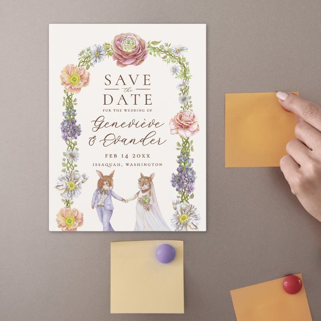 Cute Boho Bunny Kärlek Blommigt Bröllop spara datu Magnetisk Inbjudningskort (Illustrated bunny rabbit themed wedding save the date magnetic cards with watercolor flowers)