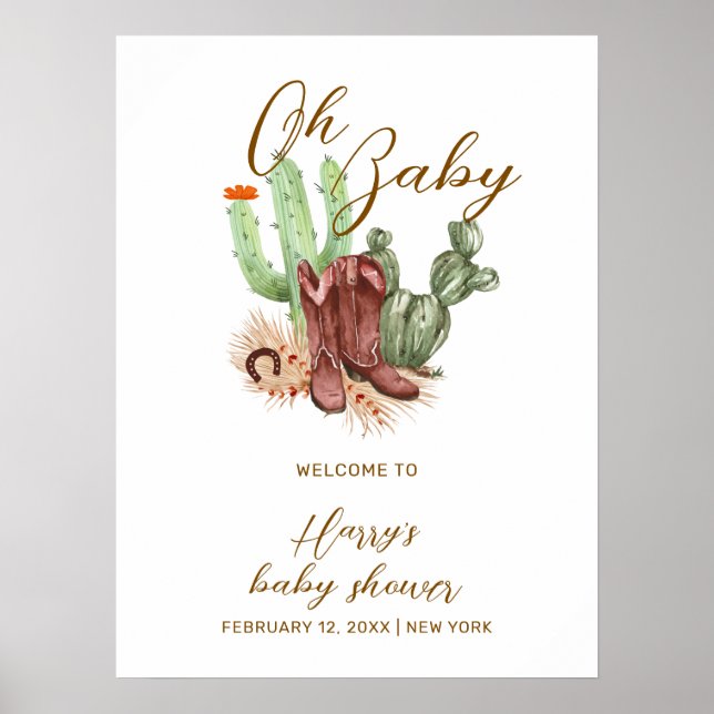 Cute Boho Cactus Cowboy Shoes Baby Shower Välkomme Poster (Framsidan)