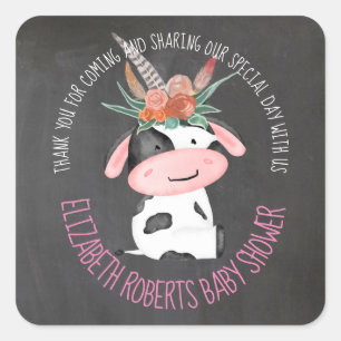 Cute Boho Cow chalkboard Baby Shower Fyrkantigt Klistermärke