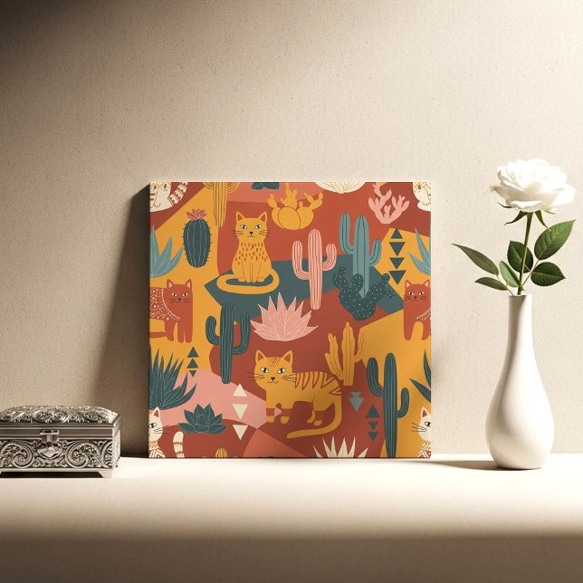 Cute Boho Desert Cats Cactus Succulent Pattern Kakelplatta (Skapare uppladdad)