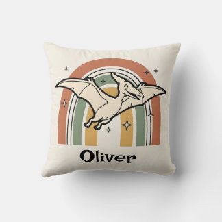 Cute Boho Earth Tone Flying Dinosaur & Rainbow Kudde