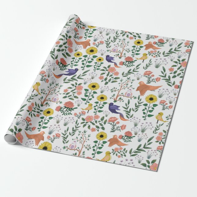 Cute Boho-färgfåglar och Blommönster Presentpapper (Utrullad)