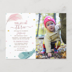 Cute Boho Flicka-fotokort 3:e födelsedagen Party Inbjudan Vykort