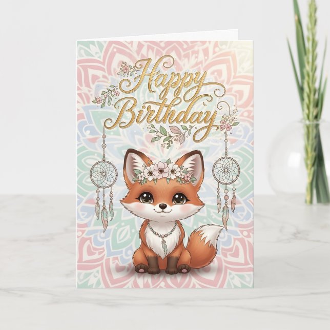 Cute Boho Fox Happy Birthday Card with Dreamcatche Kort (Framsida)
