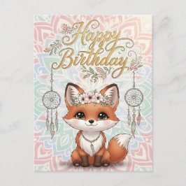 Cute Boho Fox Happy Birthday Card with Dreamcatche Vykort