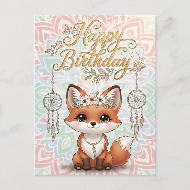 Cute Boho Fox Happy Birthday Card with Dreamcatche Vykort (Framsida)