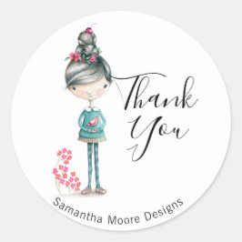 Cute Boho Girl with Bird "Tack Business" Runt Klistermärke