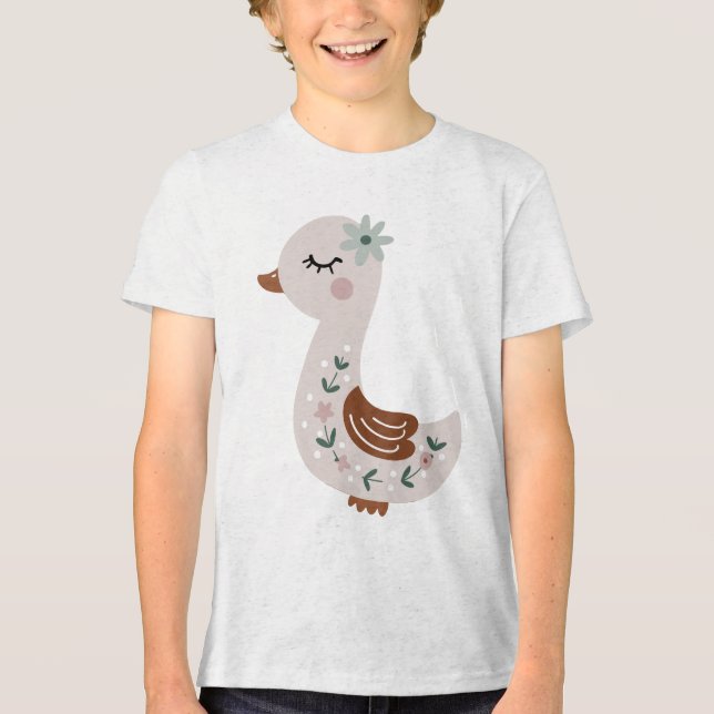 Cute Boho Goose with Floral Details Pastel T Shirt (Framsida)