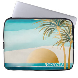 Cute Boho Guld Abstrakt Beach liggande med Namn Laptop Fodral