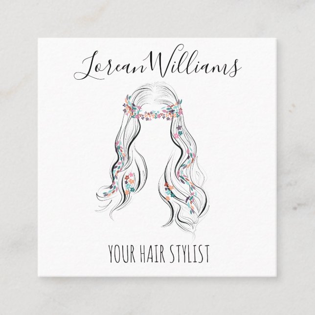 Cute Boho Hairstyle Bröllop Hair Stylist Blommigt Fyrkantigt Visitkort (Framsida)