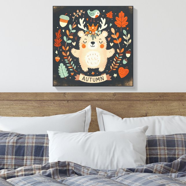 Cute Boho Höstbjörn Utandningsvägg Decal Canvastryck (Insitu (sovrum))