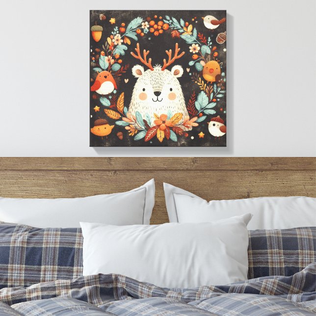 Cute Boho Höstbjörn Utandningsvägg Decal Canvastryck (Insitu (sovrum))