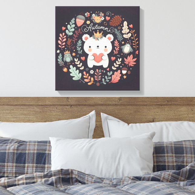 Cute Boho Höstbjörn Utandningsvägg Decal Canvastryck (Insitu (sovrum))