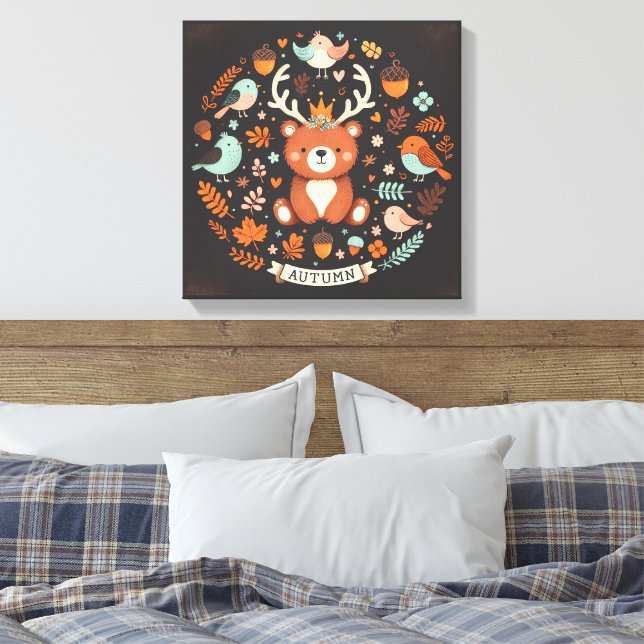 Cute Boho Höstbjörn Utandningsvägg Decal Canvastryck (Insitu (sovrum))
