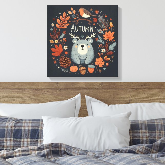 Cute Boho Höstbjörn Utandningsvägg Decal Canvastryck (Insitu (sovrum))