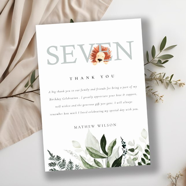 Cute Boho Lejon Foliage 7:e Sjunde födelsedagen Tack Kort (Skapare uppladdad)