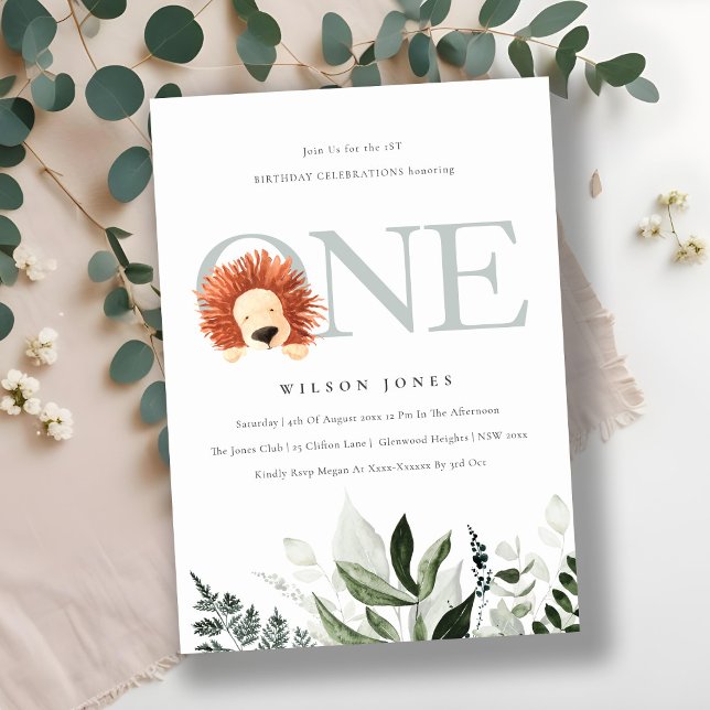 Cute Boho Lejon Foliage Första Födelsedagsfesten I Tack Kort (Skapare uppladdad)
