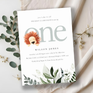 Cute Boho Lejon Foliage Första Födelsedagsfesten I Tack Kort