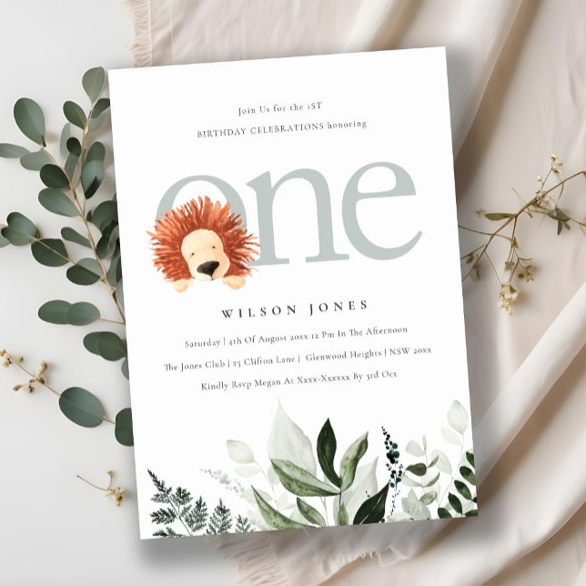 Cute Boho Lejon Foliage Första Födelsedagsfesten I Tack Kort (Skapare uppladdad)