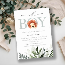 Cute Boho Lejon Foliage Oh Boy Baby Shower Inbjuda Tack Kort