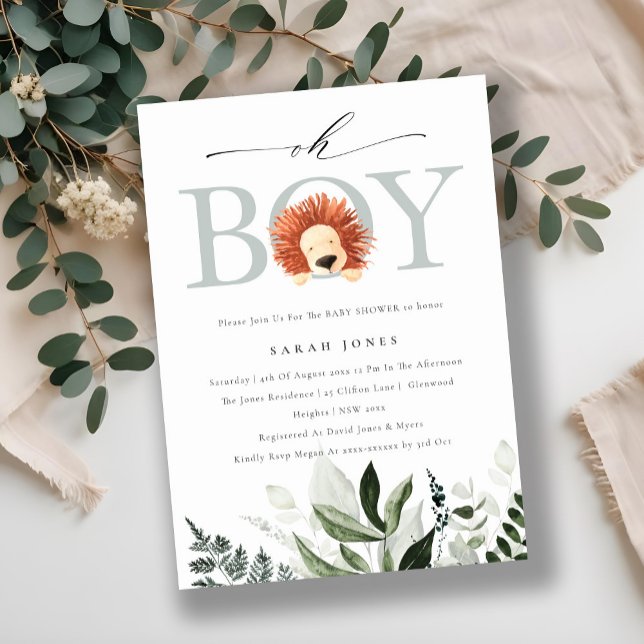 Cute Boho Lejon Foliage Oh Boy Baby Shower Inbjuda Tack Kort (Skapare uppladdad)