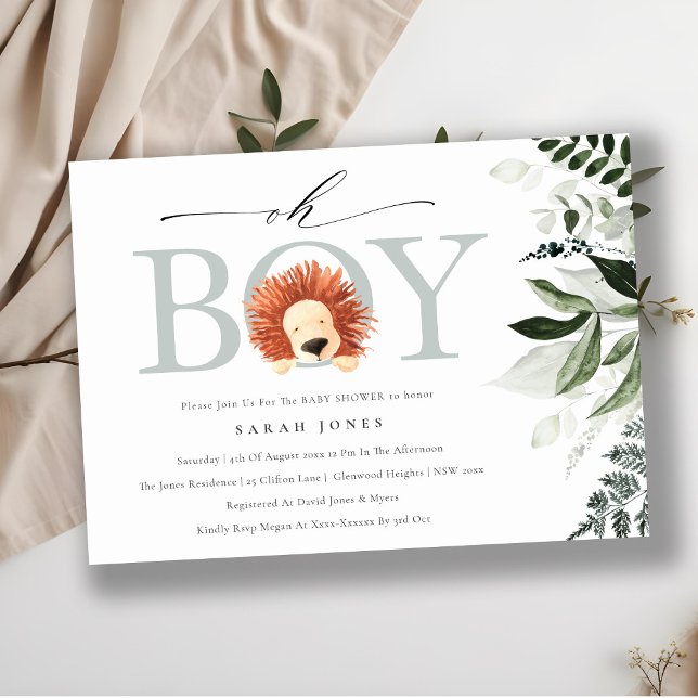 Cute Boho Lejon Foliage Oh Boy Baby Shower Inbjuda Tack Kort (Skapare uppladdad)