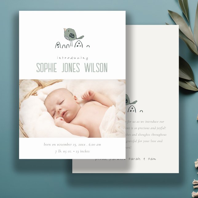 Cute Boho Minimal Bird Birth Birth Notice Tack Kort (Skapare uppladdad)