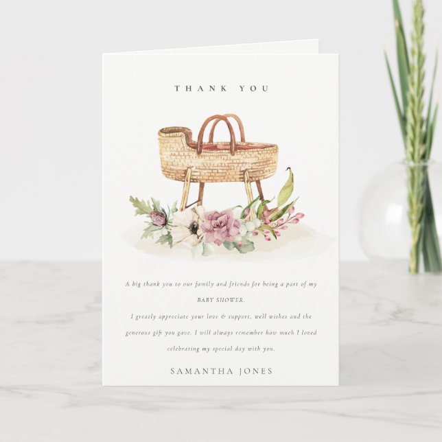 Cute Boho Nursery Rosa Blommigt Bassinet Baby Show Tack Kort (Framsida)