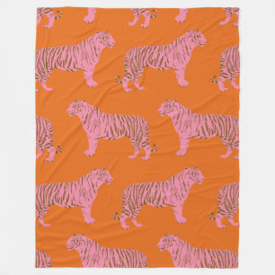 Cute Boho Orange and Rosa Tiger Art Mönster Fleecefilt