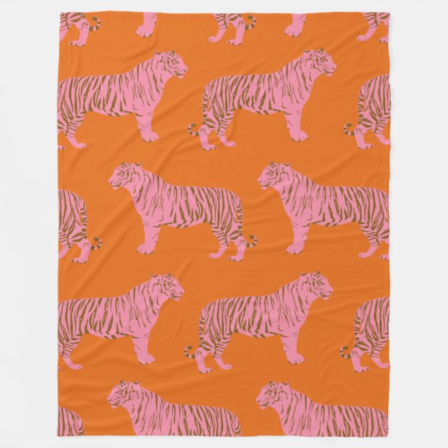 Cute Boho Orange and Rosa Tiger Art Mönster Fleecefilt (Framsidan)