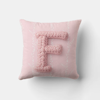 Cute boho pink crocheted letter F Round Pillow Kudde