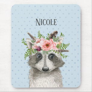 Cute Boho Raccoon med Blommigt Krona och Namn Musmatta