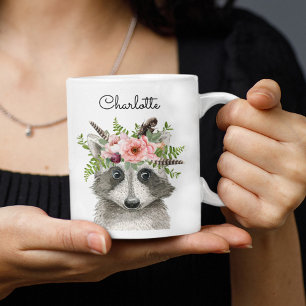 Cute Boho Raccoon med Flower och Feathers Krona Kaffemugg