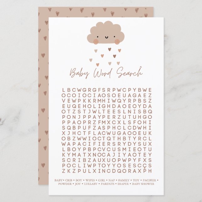 Cute Boho Rain Cloud Baby Shower Ord Search Game (Fram/baksida)